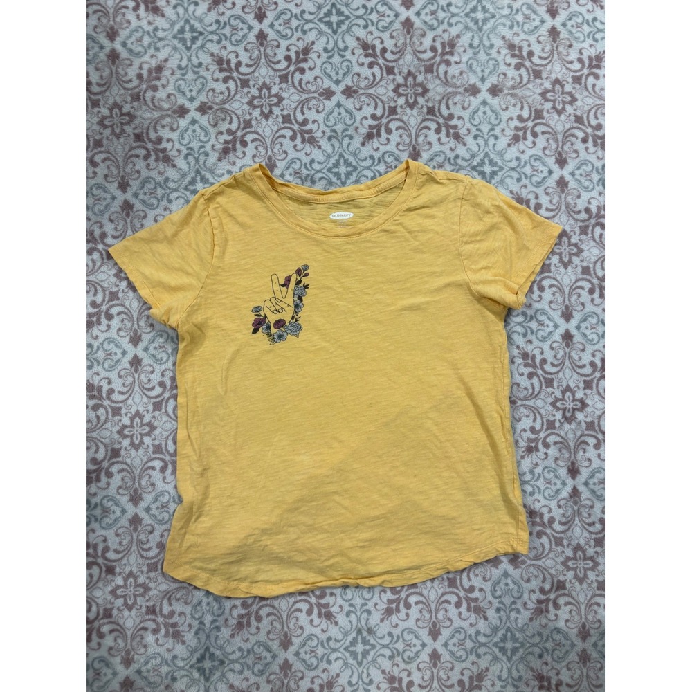 Old Navy EveryWear Yellow Peace Sign Floral Graphic Tee Shirt Womens Small